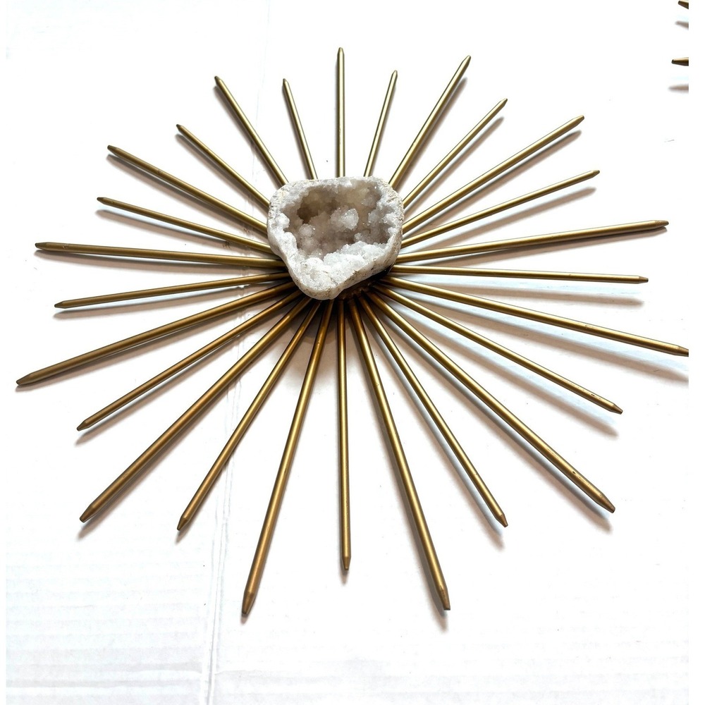 Gold MCM Metal Sunburst Wall Art Set Natural White Quartz Geode Centers 2pc - Picture 6 of 10
